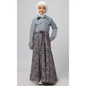 Formal Grey Chambrey Girl'S Modest Muslim Printed Abaya