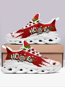Men's Christmas Themed Lace Up Low Top Chunky Sneakers, Casual Comfortable Soft Sole Sports Running Shoes, Male All-match Round Toe Shoes for Daily Wear, Fashionable Running Shoes