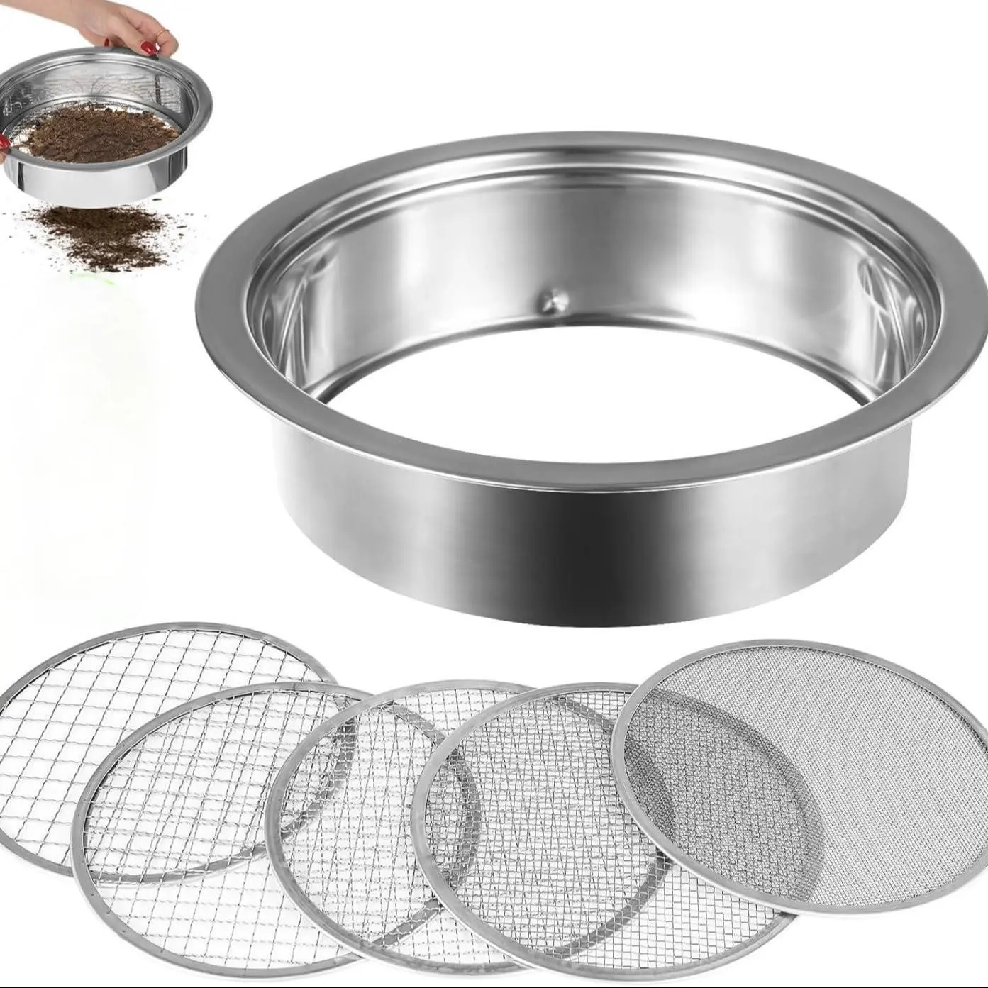 Garden Soil Sifter Kit with Interchangeable Meshes (1mm, 3mm, 6mm, 9mm, 12mm), Ideal for Dirt, Sand, Rocks, Compost, Cat Litter, Bonsai