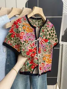 Boho Casual Vacation Chic Style Loose Round Neck Colorblock Floral Print Short Sleeve Knit Top Blouse, Boho Floral Shirt, Front Tie Design, Women's Spring Summer