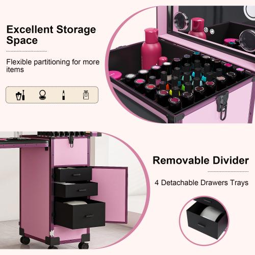 Professional Rolling Travel Portable Nail Art Table with LED Mirror, 3 Lockable Drawers, with Wheels Handle for Mobile Nail Techs & Salon Use,Telescopic Pole Foldable Manicure Station,Pink