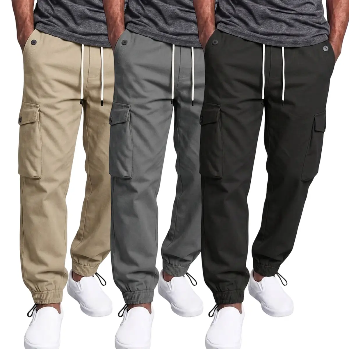 Men's 3-Piece Casual Cargo Pants Set, Loose-Fit Preppy Polyester Trousers with Multi-Pocket Design, Drawstring Waist for Travel
