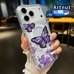 Transparent Phone Case for iPhone 17 Pro Max 16 Plus 15 14 13 12 11 Air E Purple Butterfly Blooms Pattern Acrylic Back Anti-Drop Strong Magnetic Sunction Bumper Cover Gift for boy girl
