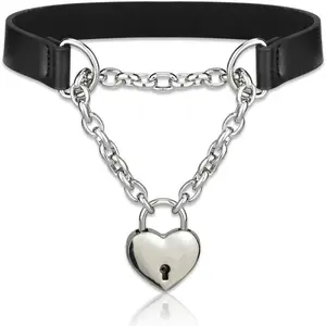 Goth Choker Necklaces for Women, Black Choker and Heart Padlock Day Collar with Key, Black PU Leather Choker Collar for Women