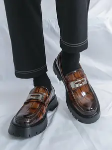 Men's Summer New Crocodile Pattern Loafers, Metal Height Increasing Thick Sole Retro Trendy Youth Fashion Shoes