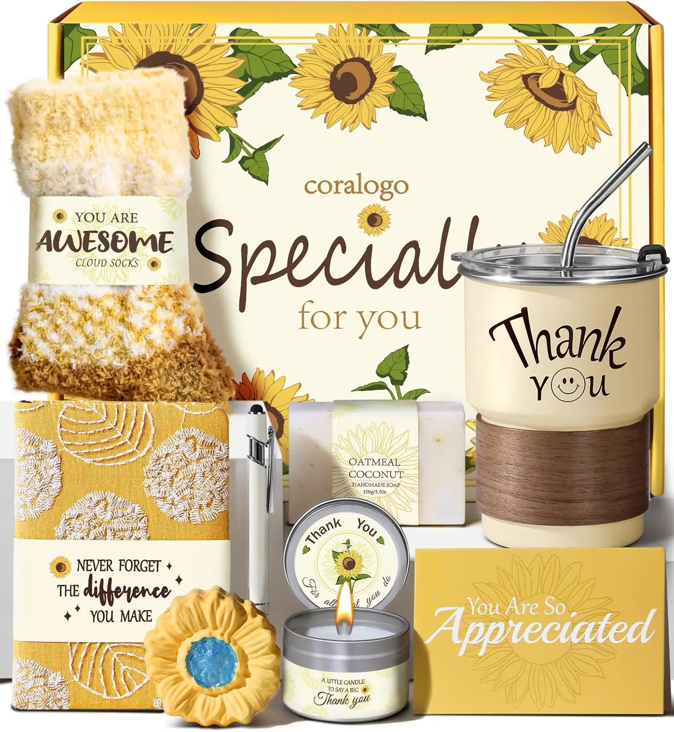 Coralogo 8PCS Sunflower-Embroidered Notebook Self-Care Kit Gift Basket - Women's Relaxing Appreciation Set with Scented Home Fragrances, Gift Box, Natural Soap, Shatterproof Cup for Teachers, Birthday Greetings