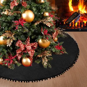 Christmas Tree Skirt, Black Christmas Tree Skirt 48 inches Soft Double Layer Burlap Tree Skirt with Pom Pom for Rustic Christmas Halloween Decorations