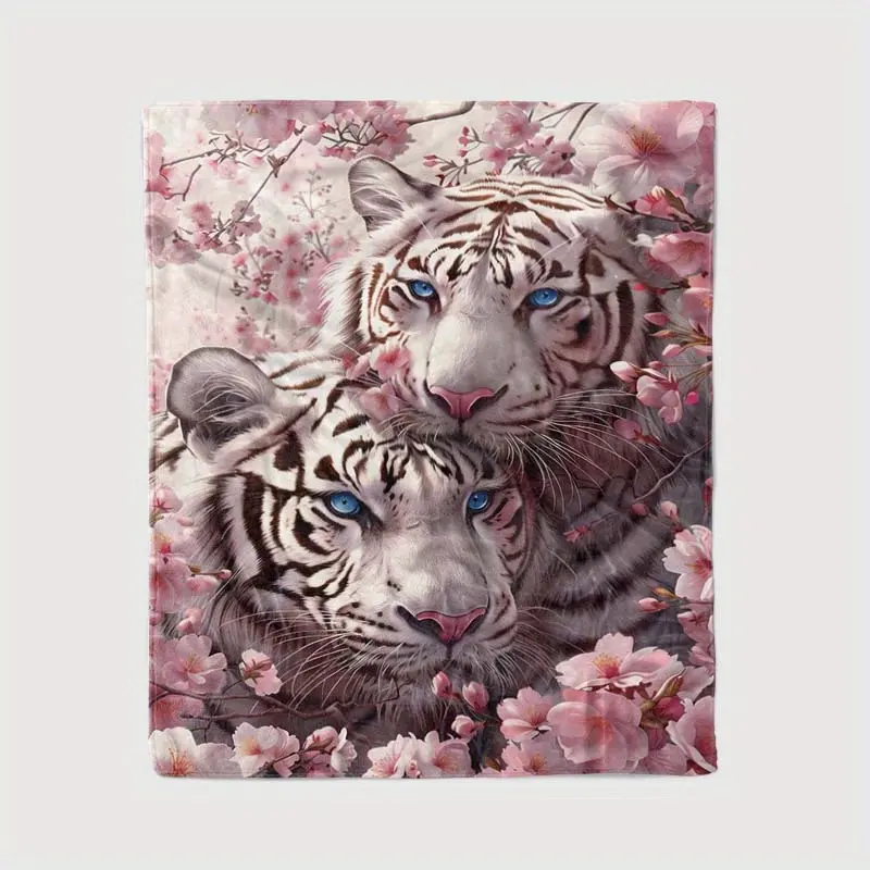 Festive White Tiger Animals Flannel Blanket with Cherry Blossom Design - Soft, Cozy, Versatile All-Season - 50x76cm(20x30inch), 100x130cm(40x50inch) - Indoor/Outdoor Use - Ideal Family Holiday Gift
