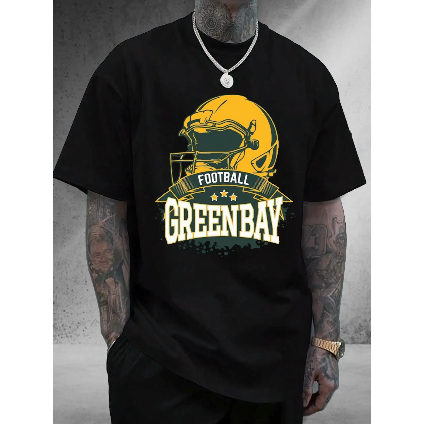 Men's Green Bay Football Graphic T-Shirt - Black with Green & Golden Team Colors, Regular Fit Shirt for Fans, Game Day & Casual Attire - Ideal Gift for Supporters, Short Sleeve Casual Wear with Geometric Pattern, Machine Washable