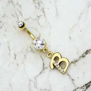 Initial Belly Rings, Cute Cz Gem Dangling Initial A-Z Belly Button Ring Piercing Body Jewelry