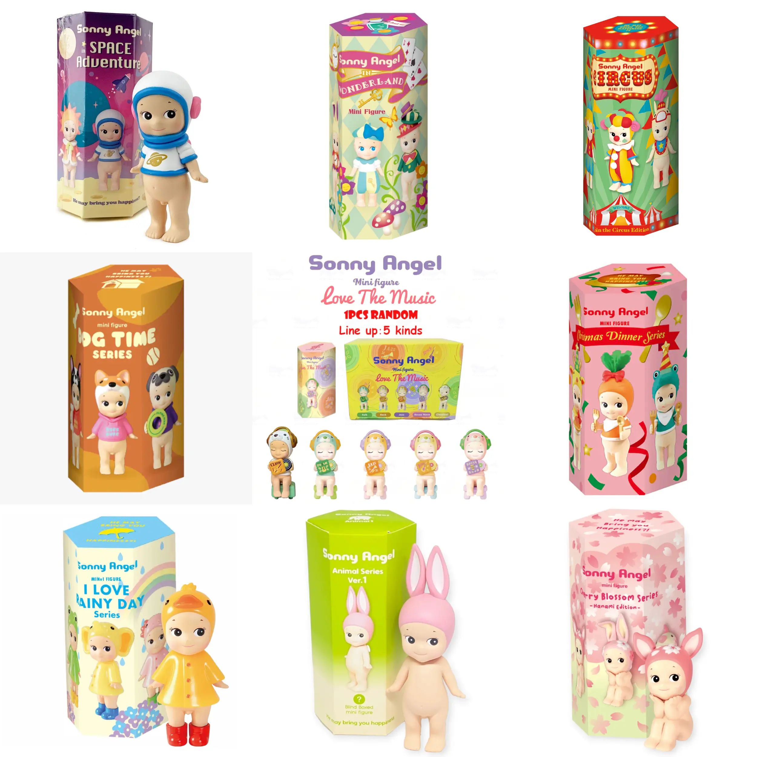 Sonny Angel Mini Figure Collection - Space Adventure, Wonderland, Circus, Dog Time, Love The Music, Christmas Dinner, Rainy Day, Animal Ver.1 & Cherry Blossom Hanami Edition Blind Box Toys