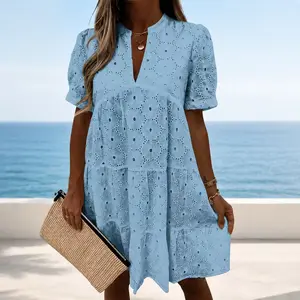 Women’s Summer Lace Dresses Eyelet Casual Flowy Babydoll Swing Short Sleeve V Neck Tunic Dress
