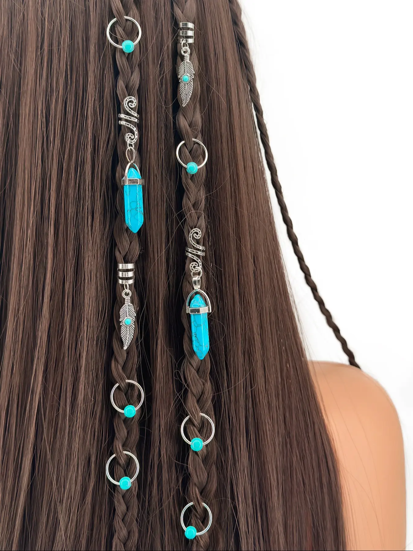 Boho Bohemian Style Aesthetic Geometric Pattern Turquoise Hair Jewelry Set, 10pcs Alloy Accessory Fit for Braids, Dreads & Dreadlocks, Adjustable Rings & Cuffs for Men & Women