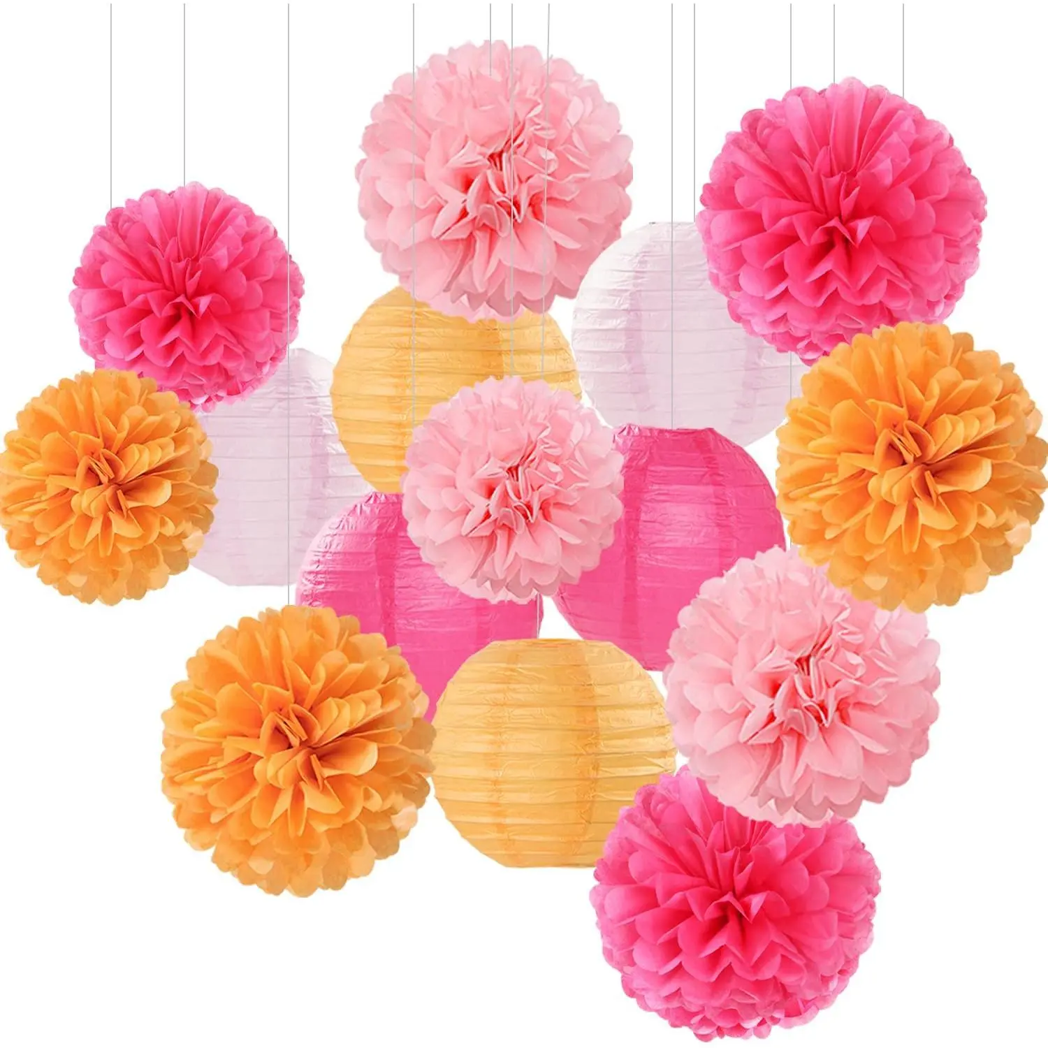 -Orange Party-Decorations Paper- Lanterns - 15 count Fall Wedding Birthday Tissue Pom Poms Streamers, Boho  Bridal Shower Graduation Sunset Hanging Supplies Decor
