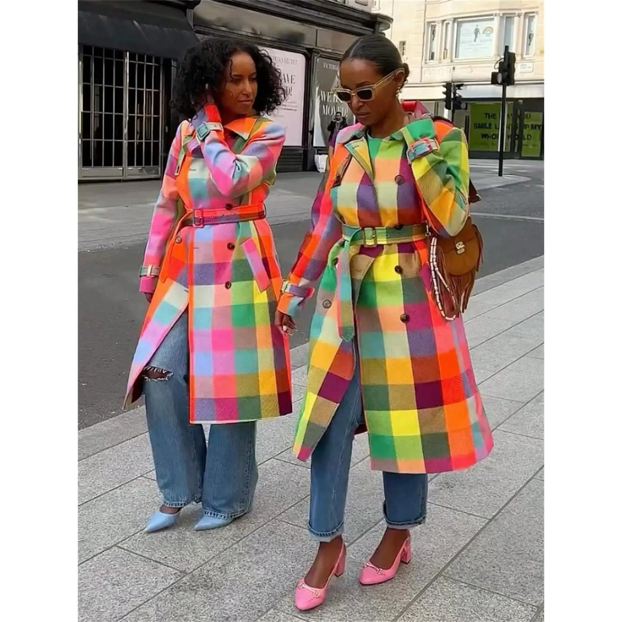 Plaid Double Breasted Trench Coat, Rainbow Colors, Women display picture 1