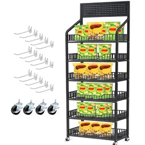 5 Tier Retail Display Rack, Snack Organizer Stand With Wheels & 15 Hooks, Candy Potato Chip Metal Wire Display Shelf Cart for Supermarket and Home Kitchen, Black