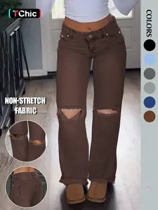 NVFelix Women's Plain Distressed Ripped Jeans, Fashion Casual Denim Pants for Daily Outdoor Wear, Women's Denim Jeans for Spring & Fall