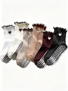 Cute Pilates Socks with Grips, Yoga Socks Barre Sock, Non-Slip Grip Embroidery, Perfect for Barre Ballet Workouts, Pack of 6