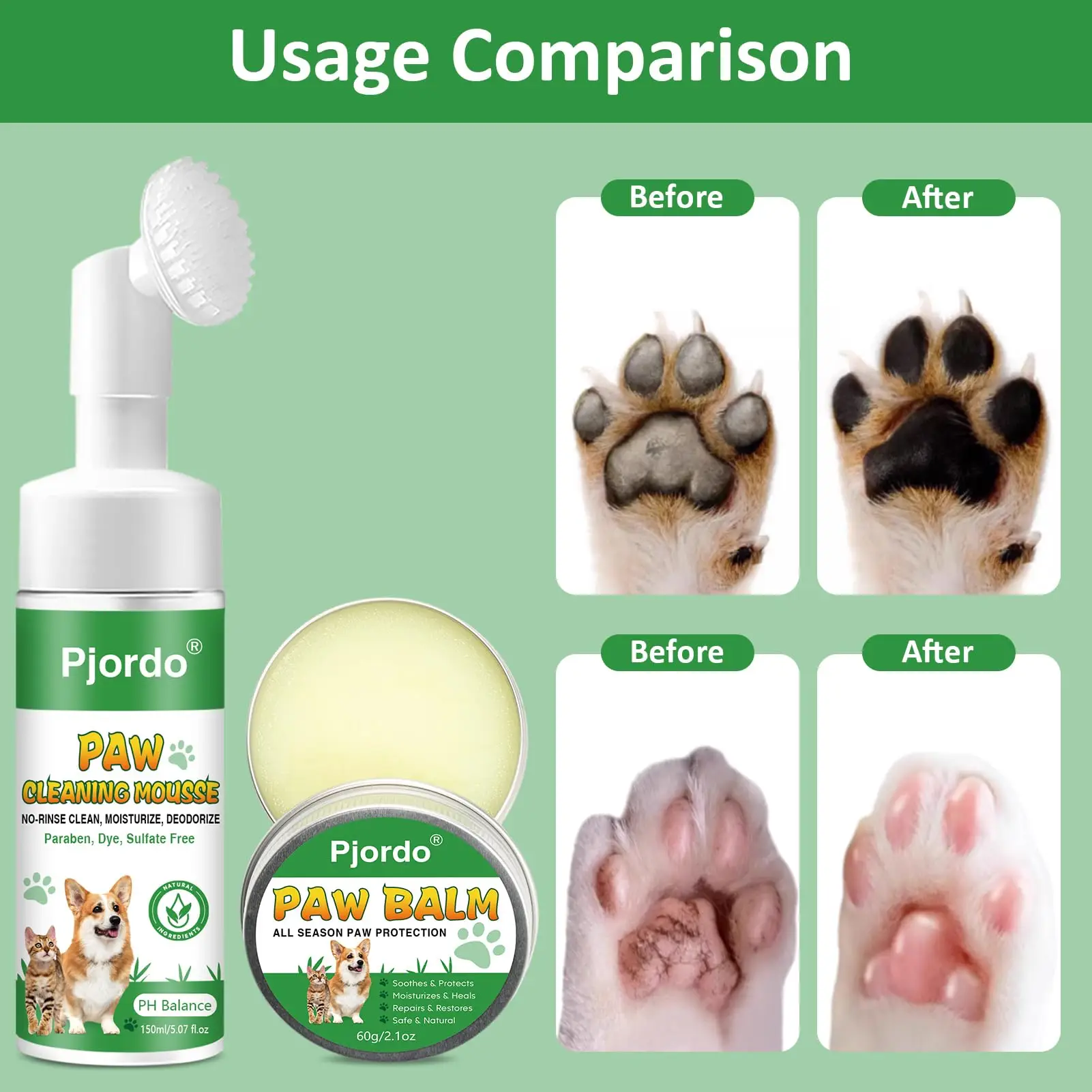 Dog Paw Cleaner Kit- No Rinse Pet Paw Cleanser for Large, Medium, Small Breeds, Balm for Dry Cracked Paws, Paw Protector Kit