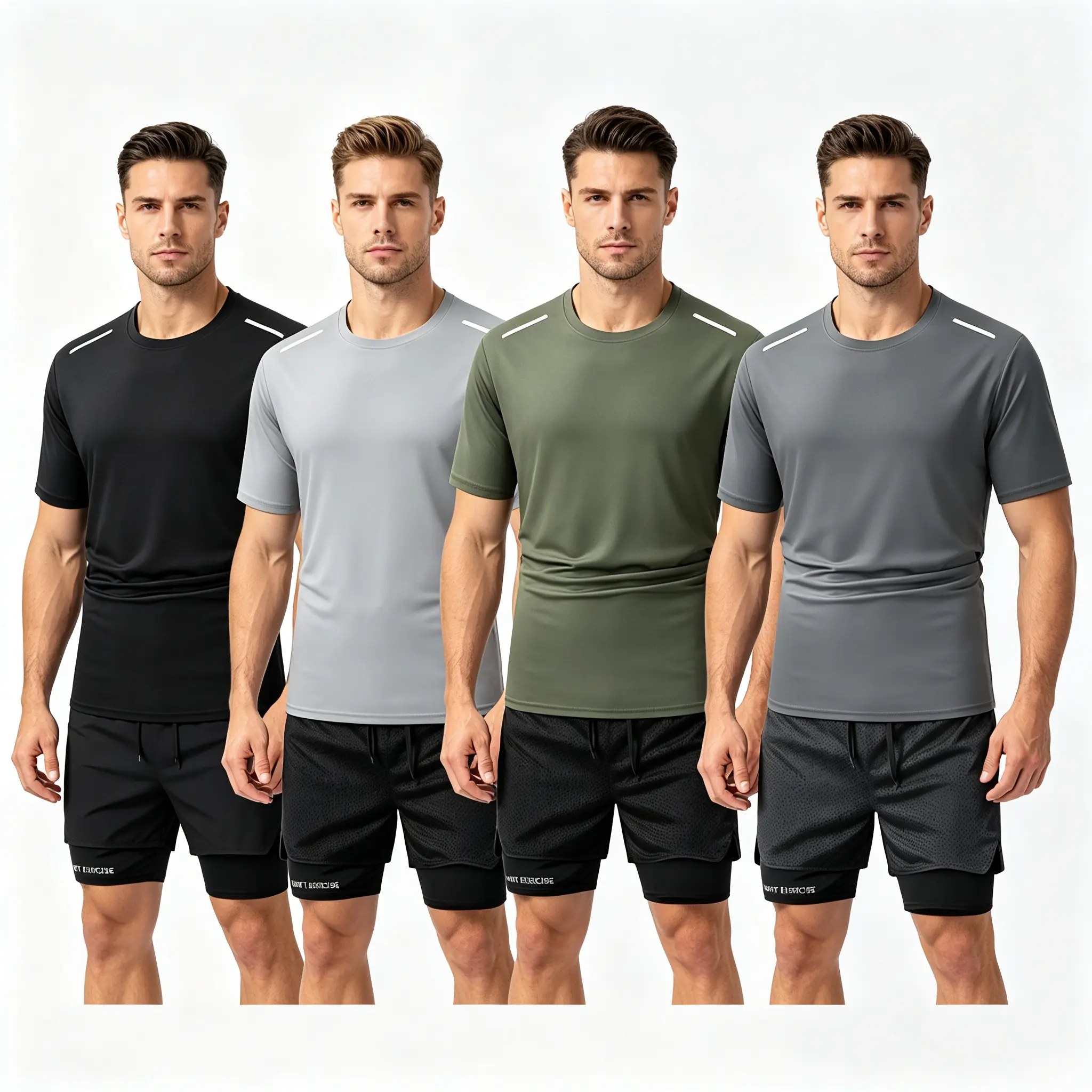 Men's Athletic Set, 4-Piece Fitted Polyester Crew Neck Tops & Mesh Shorts, Quick-Dry Stretchy Reflective Gear for Running & Fitness