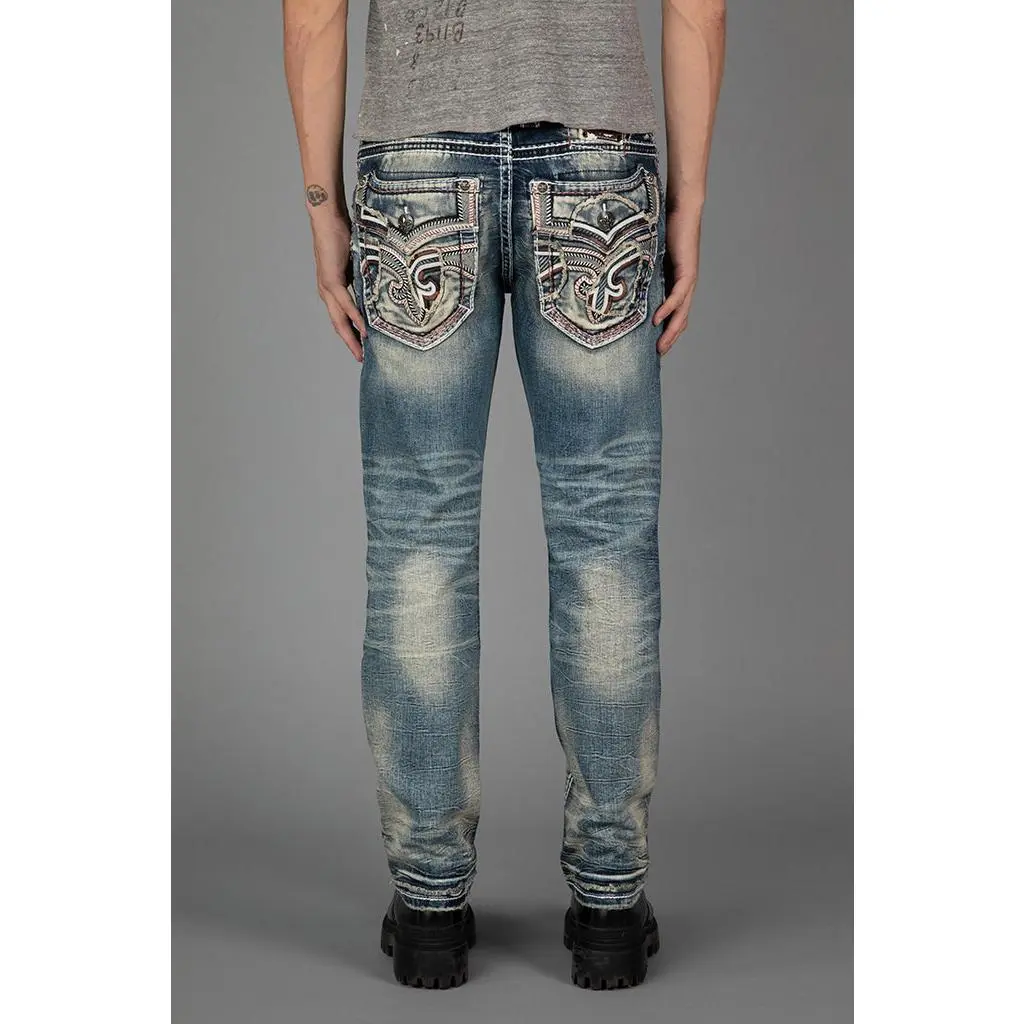 rr Men's Straight High-Stretch Denim Jeans - Casual Streetwear Pants with Embroidery Detail, Leather Accents, Functional Pockets, Embellished Decorated Reinforced Flattering Menswear Essential, High-Stretch Men's Jeans, Embellished Men's Jeans