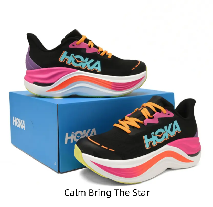 Black Multi-Color Gradient Road Running Shoes Breathable Hollow Mesh Upper Pink Orange Wave Thick Foam Platform Midsole Shock Absorbing Unisex Athletic Trainers