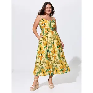 BLOOMCHIC Plus Size Tropical Breathable Shirred Detail Maxi Dress [M-6X] 2026 Spotlight,Summer wins,Deals for your days