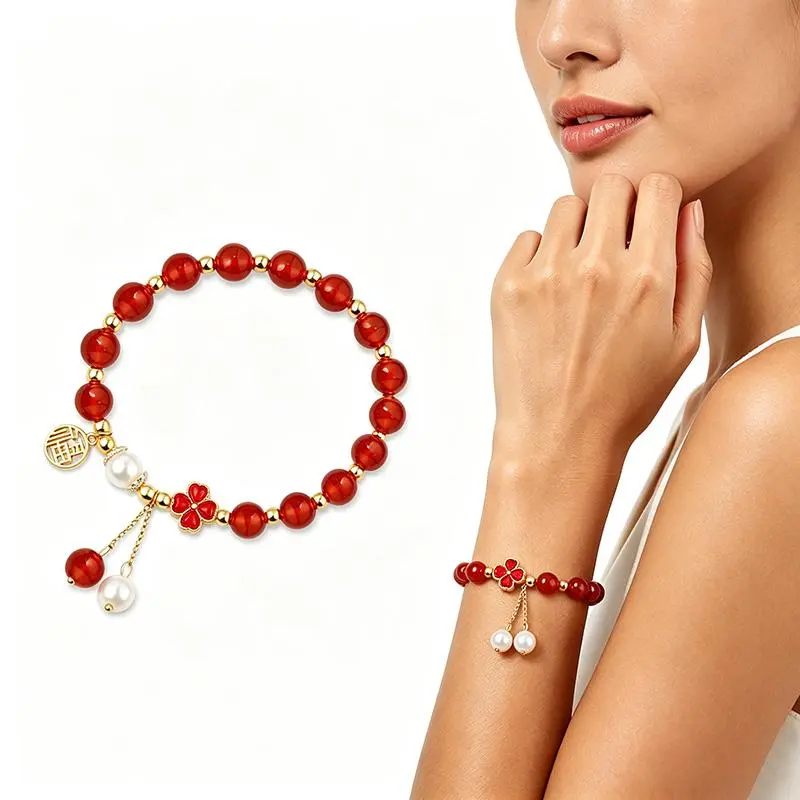 Women's Genuine Red Agate Beaded Bracelet with Clover Motif & Fu Protection Charm - Stretch, Layer-Friendly Crystal Jewelry Gift, Crystal Beads, Genuine Stones jade, Gift Ideas, Dainty, Gift-Ready