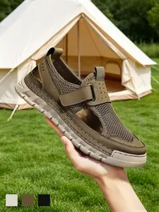 Men's Closed Toe Sandals Breathable Hollow-Out Lightweight Non-Slip Rubber Toe Bumper Athletic Adventure Shoes Hook-and-Loop Flat Hiking Water Shoes Sporty Summer Khaki Black Mesh Fabric for Outdoor Camping Beach Big Size 11 12 13 14 Strappy Footwear