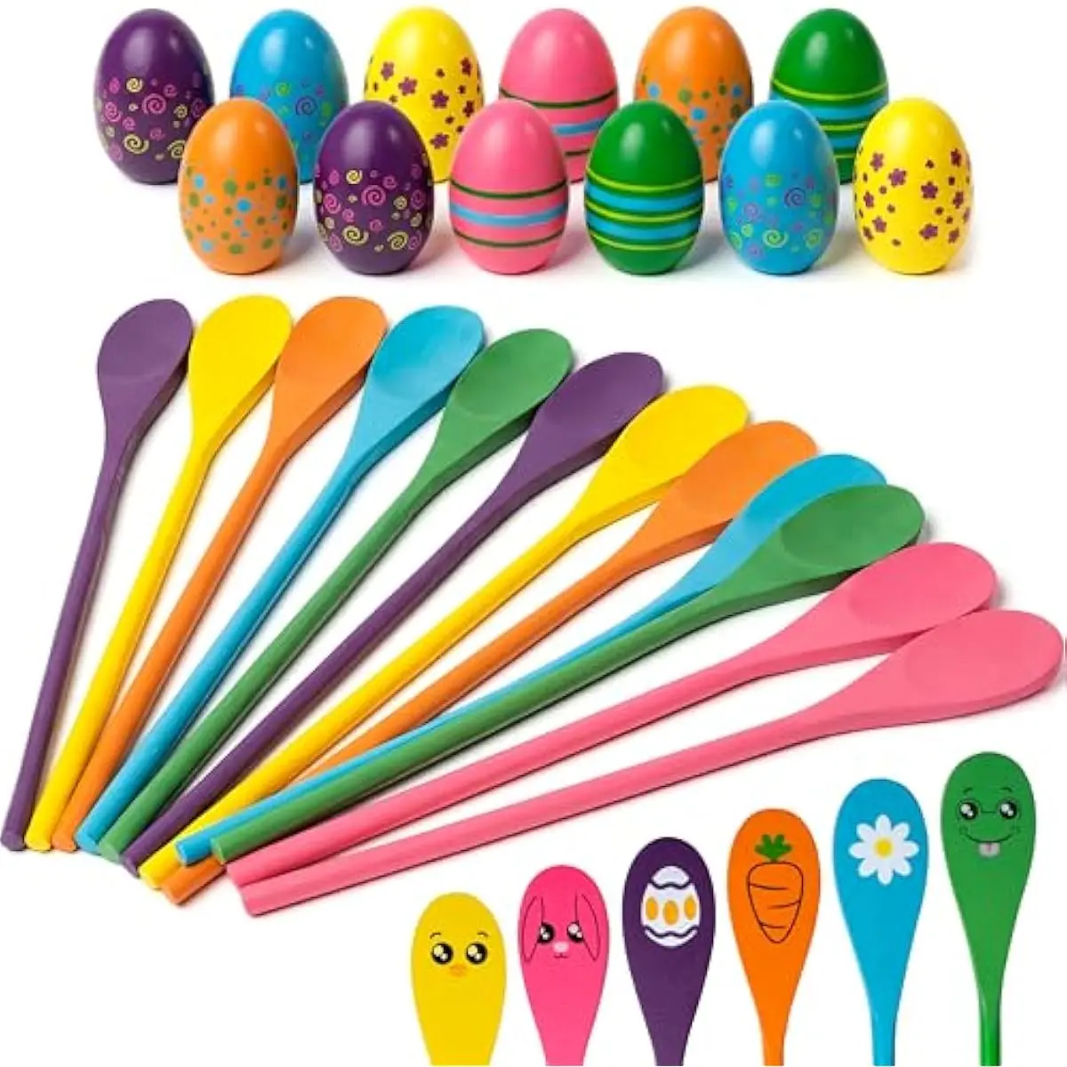 Easter 24PCS Egg and Spoon Race Game Set, 12 Woodeen Egg and Spoons with Assorted Colors Outdoor Games, Party Favor Supplies