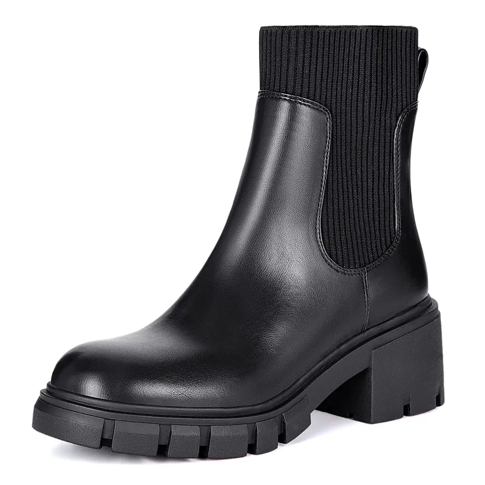 Athlefit Women's Chelsea Ankle Booties - Elastic Sides Slip On, Lug Sole Platform, Chunky Comfortable Heels, PU Leather Upper Wrap, Elegant Casual Footwear