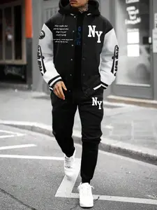 Two-piece Set Men's Letter Graphic Print Patchwork Drop Shoulder Varsity Jacket & Drawstring Waist  Pocket  Pants Set Style Set, Casual Fashion Cozy Regular Fit Outfits for Daily Outdoor Wear, Men Clothes for Fall & Winter