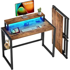 Small Folding Desk 31.5 Inch, Foldable Computer Desks with LED Lights and Monitor Stand, Work Portable Table for Bedroom Home Office, Vintage Brown