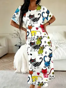 Women's New Cute Cartoon Cat Print Fitted Sleepwear Dress, Round Neck Casual Home Wear, Stylish Street Style Nightgown for Ladies