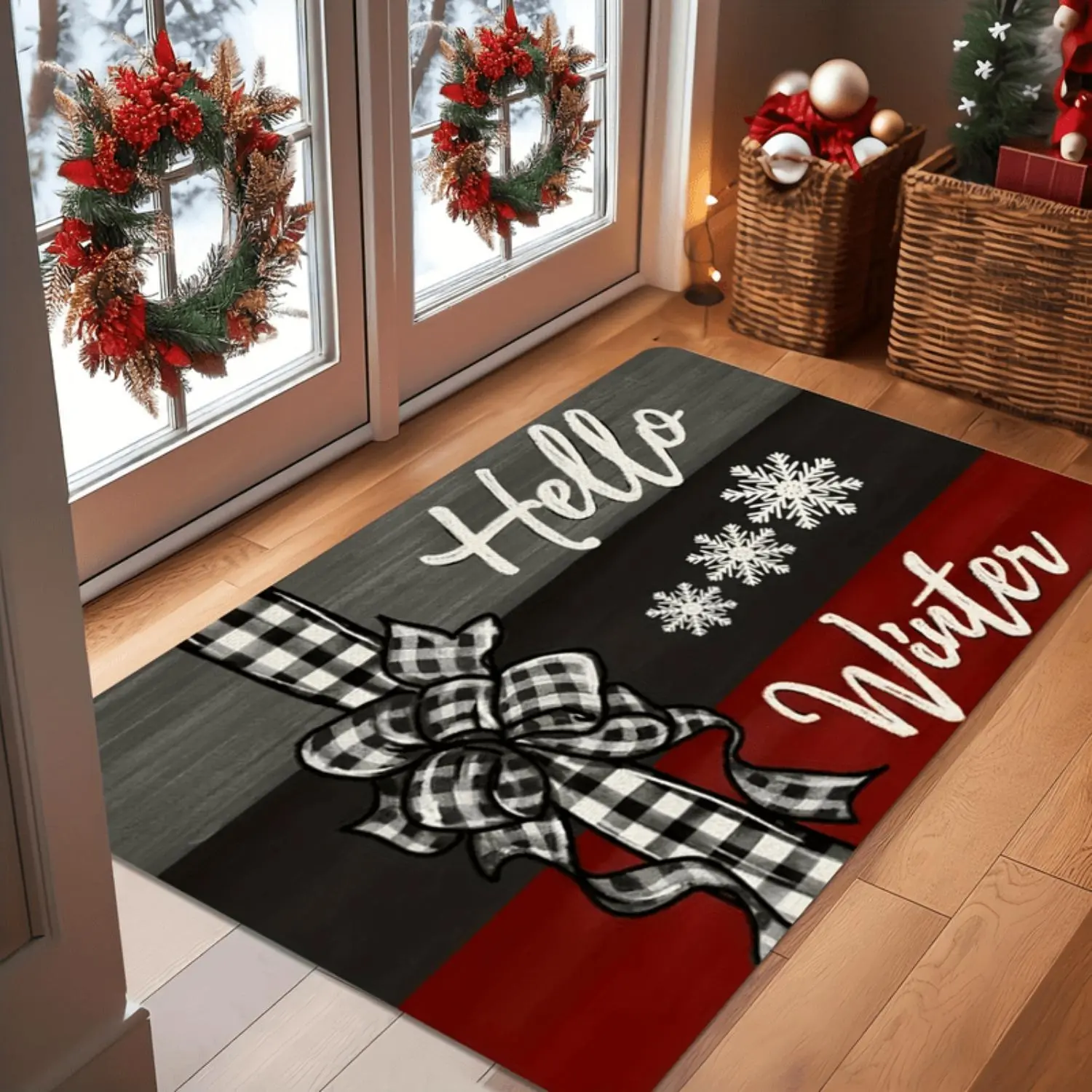 1pc Classic Christmas Themed Flannel Fabric Doormat, Graphic Print "Hello Winter" Design, Plush Texture, Anti-Slip Base, Multi-Size Rectangular, Machine Washable, Indoor/Outdoor Use for Entryway Area, Holiday Home Decor