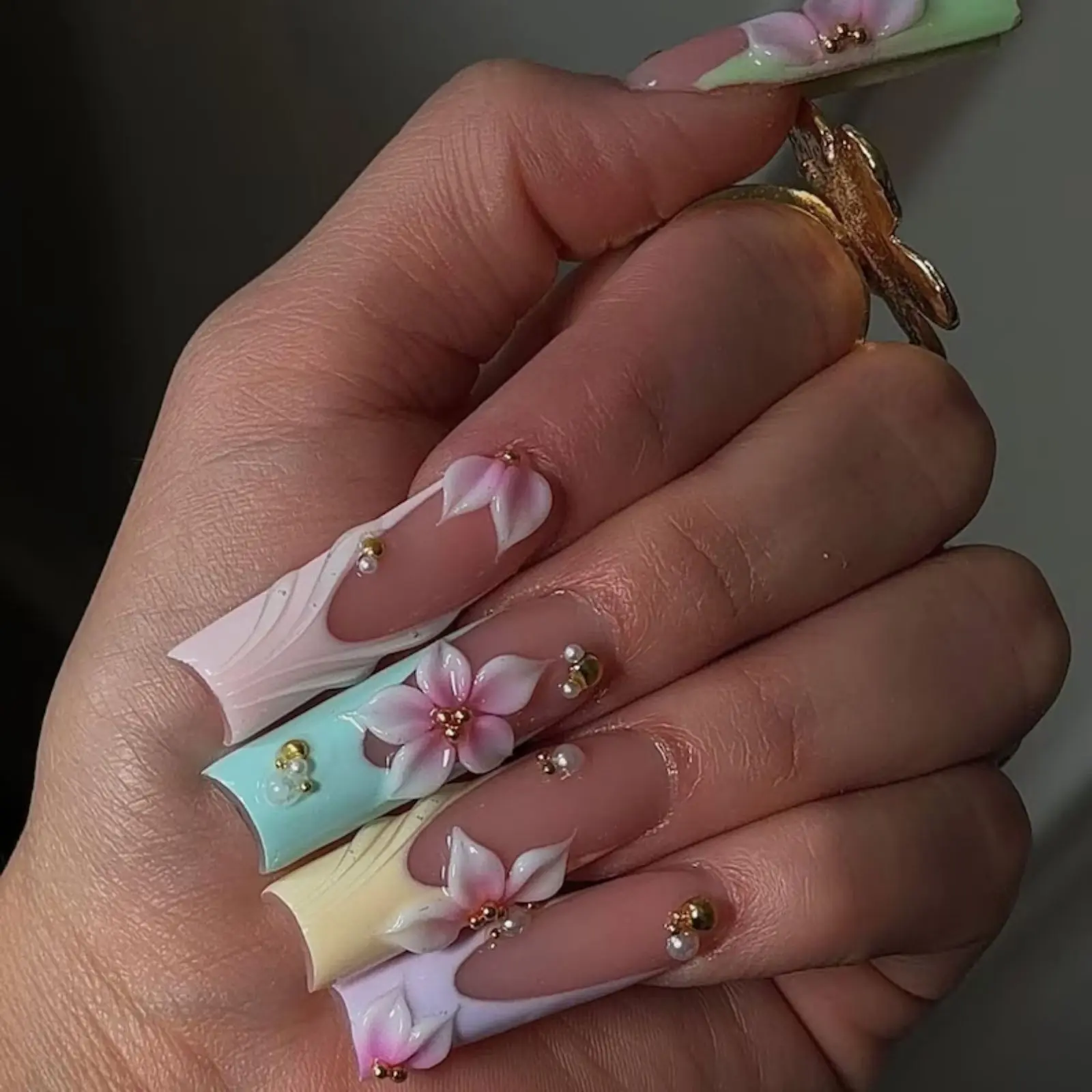 3D Pastel Blossom Long Square Art Press On Nails / Floral French Tip Nails