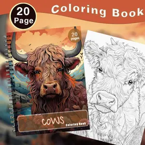 Farm Animal Coloring Book, Cow Highland Cattle Stress Relief, Spiral Bound, Thickened 100g, 20 Pages, Anxiety Relief, Meditation, Back-To-School Gift