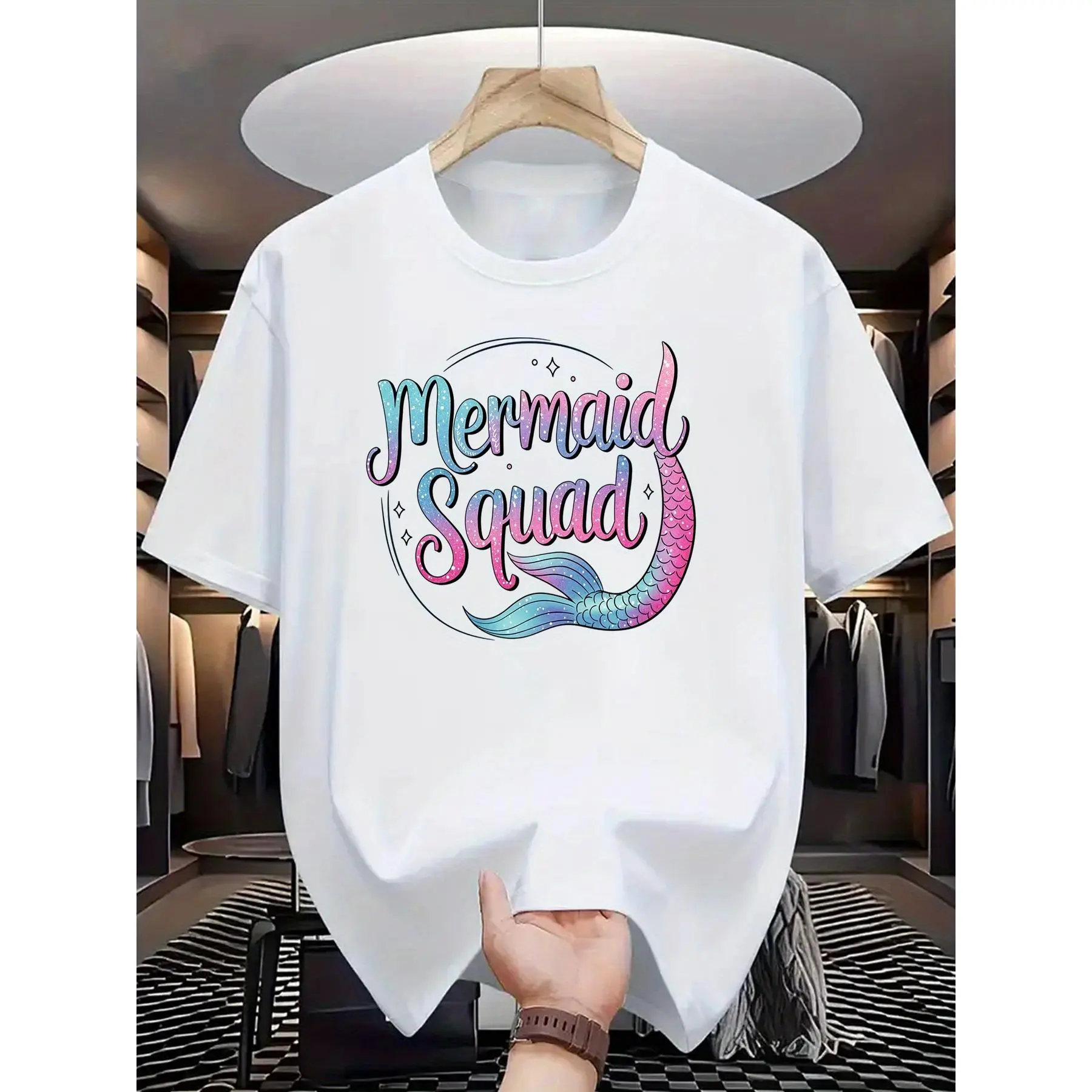 Menswear Classic Unisex "Mermaid Squad" Graphic Tee - Short-Sleeve Round Neck Loose Fit Casual Top with Glitter Ombre Mermaid Tail Sparkle Effect, Vintage, Graphic Front