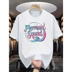 Women's "Mermaid Squad" Glitter Ombre Mermaid Tail Graphic T-Shirt Crew Neck Short Sleeve White Casual Tee TikTok Viral