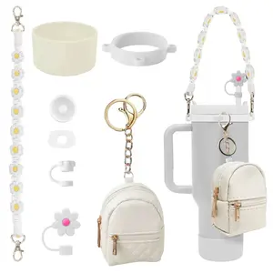 Bohemian Stylish Reusable Bottle Accessories Set for 30oz-40oz Tumblers, Including Woven Handle, Silicone Anti-Slip Boot, Mini Backpack Keychain & Straw Cap, Ideal for Commute & Travel
