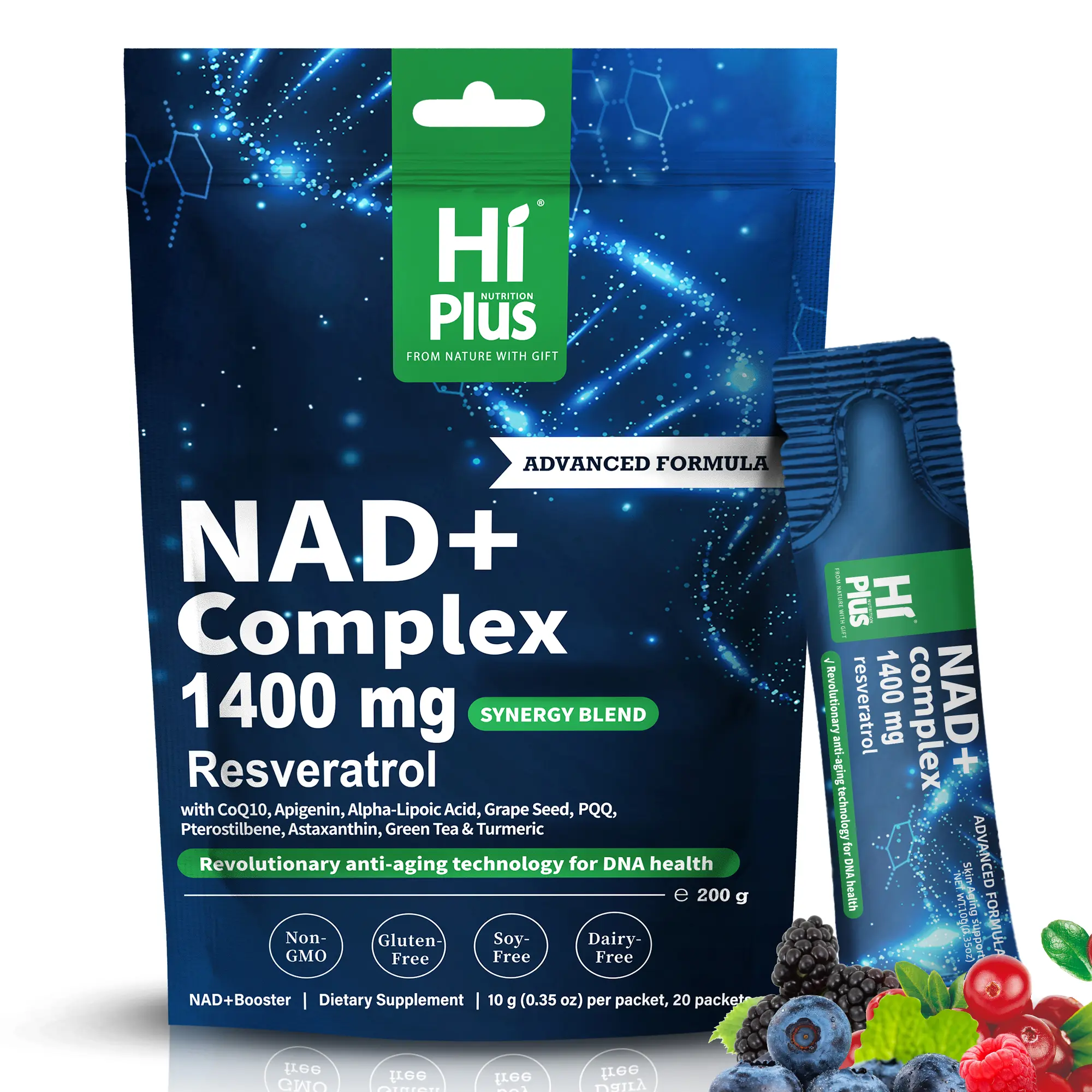 HIPLUS NAD+ Cell Regenerator Berry Flavor Liposomal Drink, 1400mg Extra Strength NMN Alternative with Green Tea, Astaxanthin, Resveratrol, CoQ10, PQQ, Alpha Lipoic Acid - Antioxidant Rich Blend for Energy, Anti-Aging - 20 Pack Supplement for Women & Men