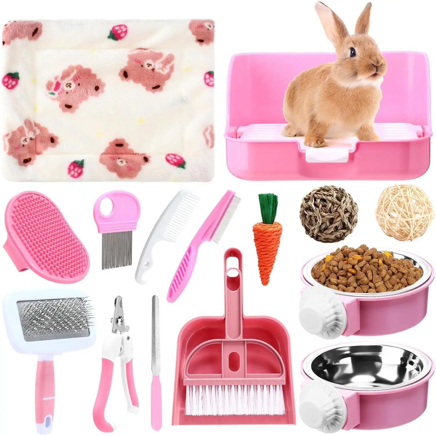 15-Piece Rabbit Starter Kit with Small Litter Box, Animal Grooming Set, Bunny Toys, Bowl, Blankets and Cleaning Supplies for Guinea Pigs (Pink)