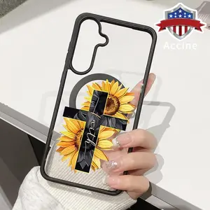 Magsafe Case Compatible with Galaxy S23 Ultra S24 Plus S25 S22+ FE Sunflower Faith Acrylic Transparent Anti-Scratch wireless charging compatible Phone Back Cover for Girl