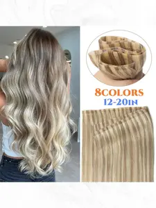 Real Human Hair Extensions in a Light Blonde And Ash Blonde Mix, Featuring Double Inject XO Hole Weft, Straight Texture, Invisible Twin Tab, Long Tape PU Weft, And Double Invisible PU Nano/Micro Bead Options