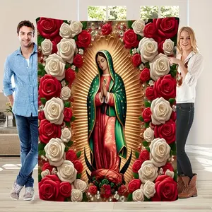 Vintage Virgin Mary Flower Printed Blanket-% Polyester Fiber, Tear-Resistant Plush Parabolic Red Home Decoration and Gift Ideas for All Seasons, Vibrant Red Design with Goddess of Guadalupe Illustration, decoration Paraboloid for Catholic Or Mexican Theme