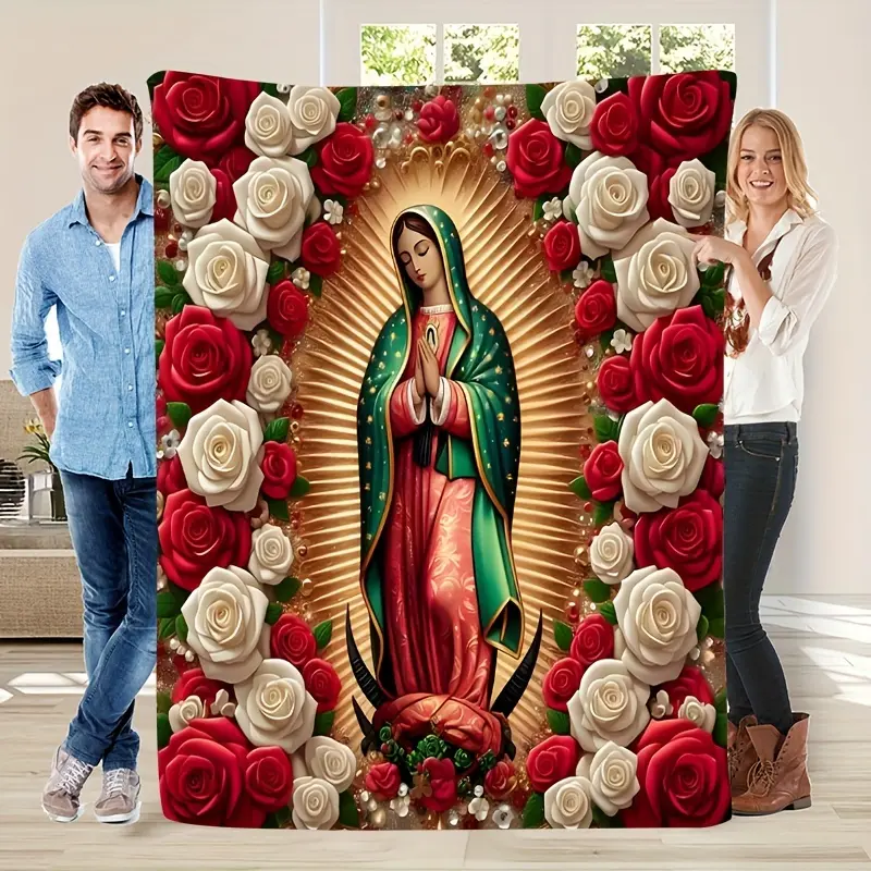 Vintage Virgin Mary Flower Printed Blanket-% Polyester Fiber, Tear-Resistant Plush Parabolic Red Home Decoration and Gift Ideas for All Seasons, Vibrant Red Design with Goddess of Guadalupe Illustration, decoration Paraboloid for Catholic Or Mexican Theme