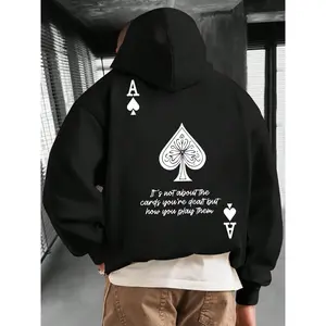 [Casual Poker Hoodie] Navy Blue Men's Graphic Hoodie - "It's Not About the Cards You Hold, It's How You Play Them" Poker Ace of Spades Design | Casual Comfortable Pullover, Drawstring & Kangaroo Pocket, Allseason Sweatshirt