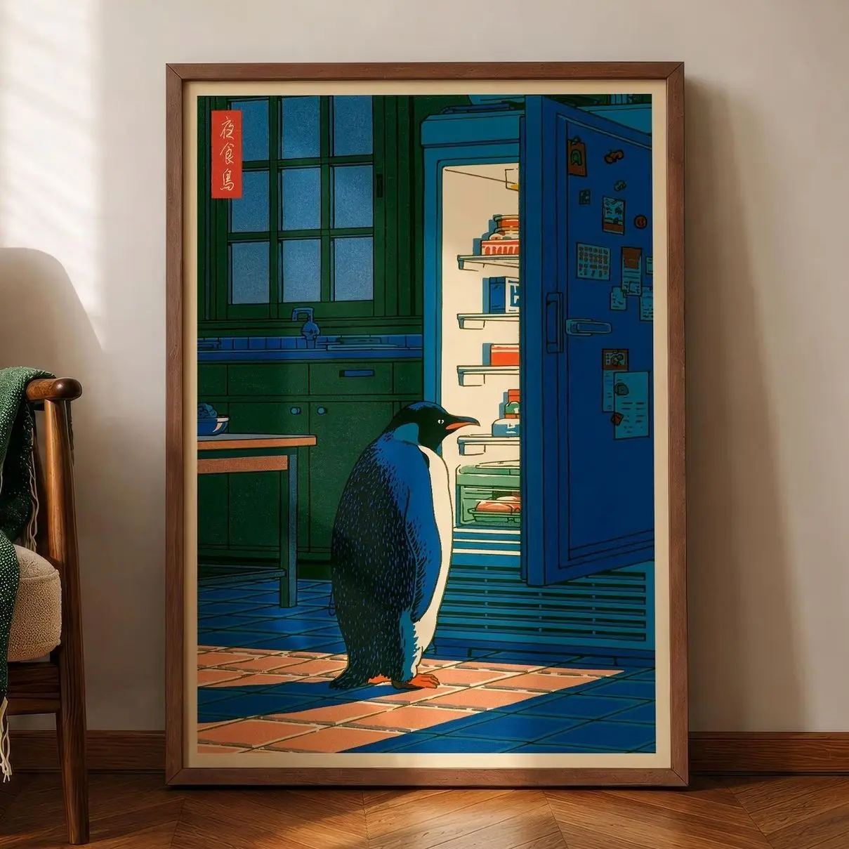 Japanese Penguin Wall Art, Funny Penguin Fridge Poster, Vintage Shin-Hanga Style Print, Japanese Woodblock Decor, Kitchen Animal Artwork | Unframed 2