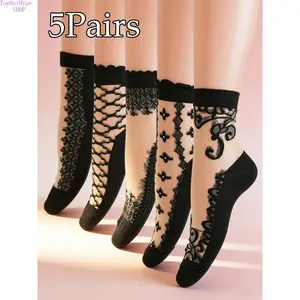 5 Pairs Women's Acrylic Crystal Silk Socks, Breathable Soft Mid-Calf Stockings with Plant Pattern, Comfortable Everyday Wear