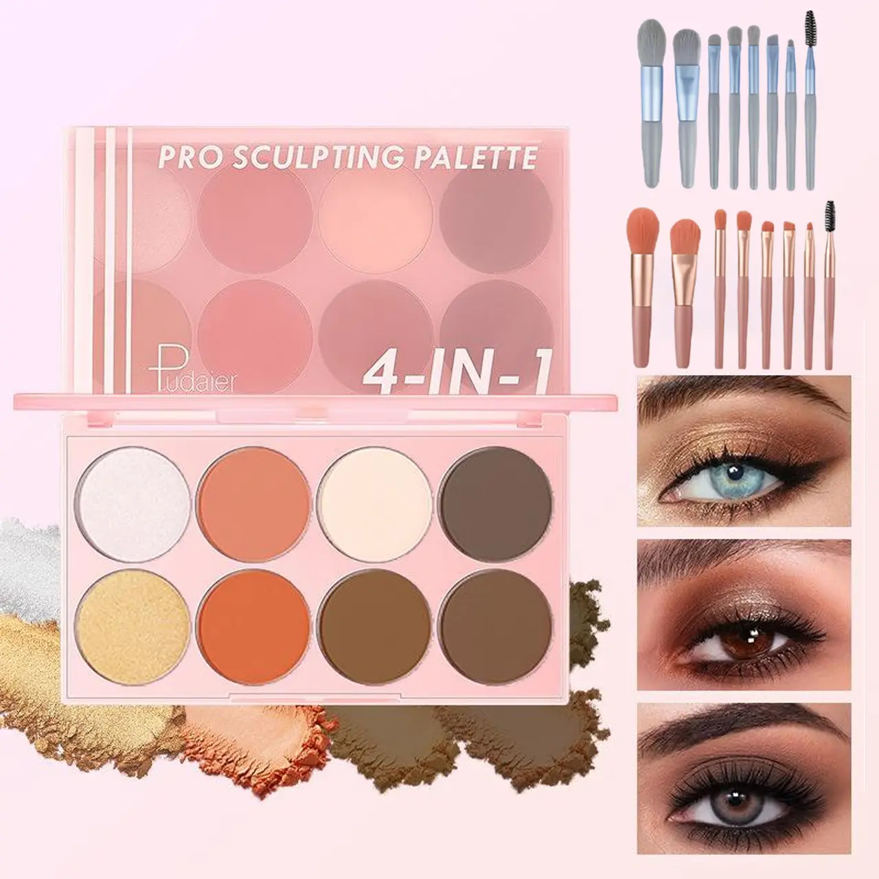 8-Color Blush, Highlighter & Contour Palette + 8-Piece Makeup Brush Set | Macaron-themed Brushes Multi-functional Blush Palette for Natural Nude Looks | Travel-friendly & Easy to Carry On-the-go